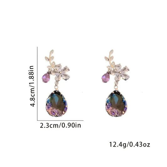 Flower Motif Climber Earrings with Oil Spill Dangles