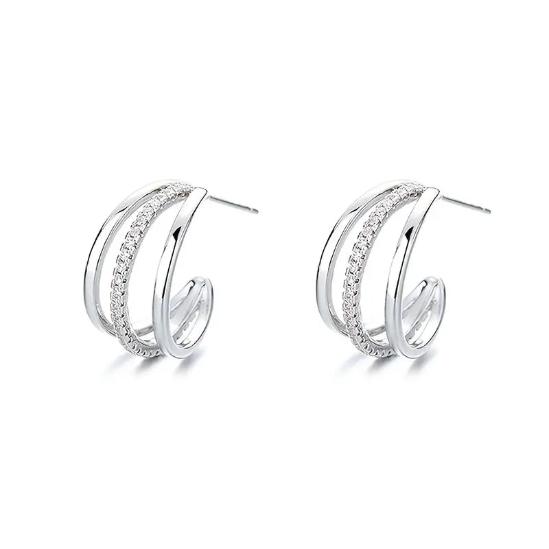 Triple Hoops Silver Rhinestone Earrings