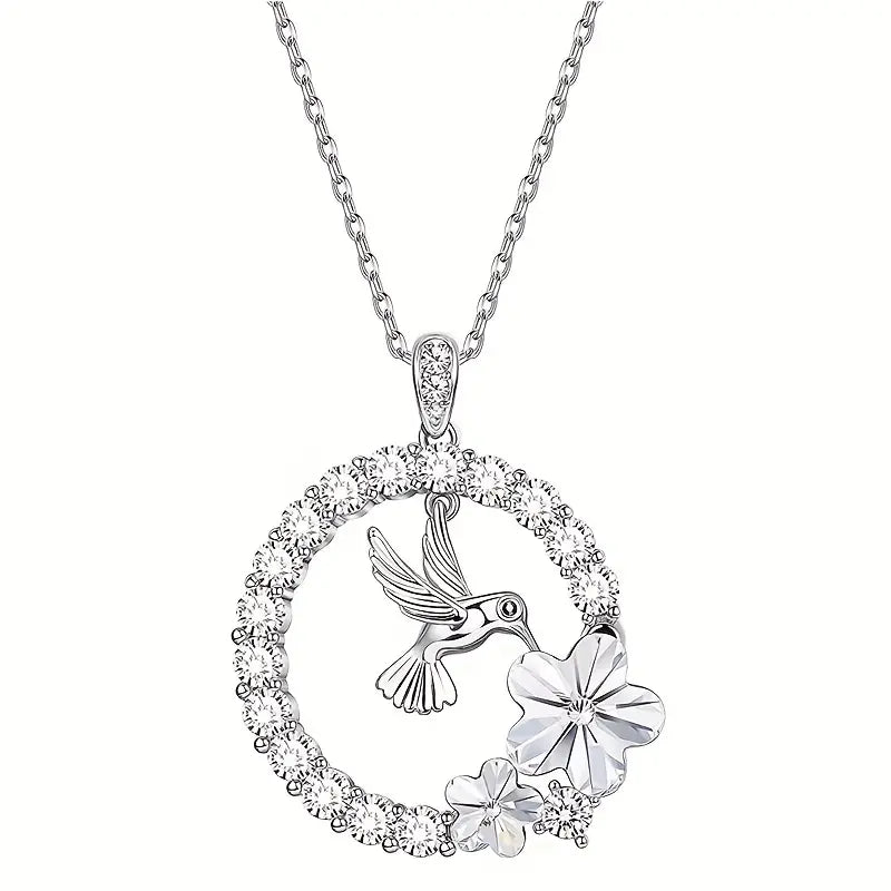 Rhinestone Hummingbird and Flower Necklace