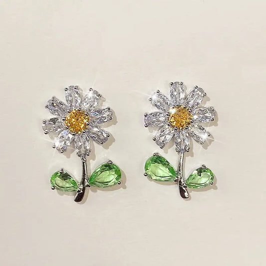 White Daisy Rhinestone Earrings