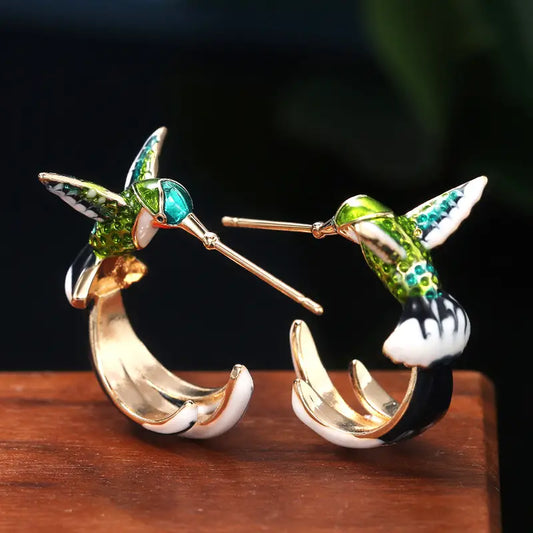 3D Hummingbird Gold Hoops