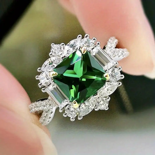 Emerald Colored Rhinestone Princess Cut Ring