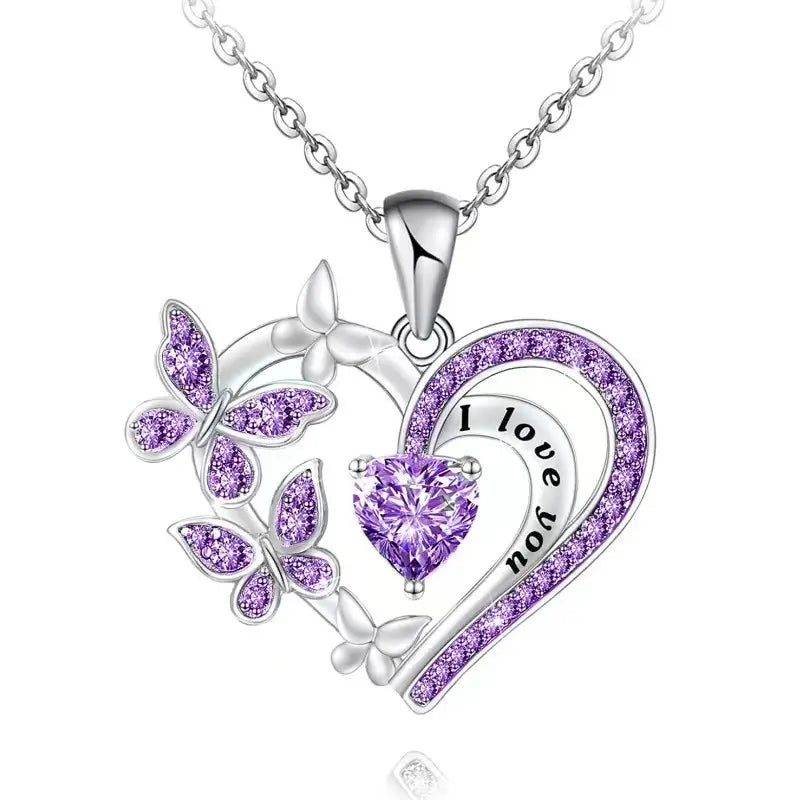 Purple Rhinestone Heart Neckalce