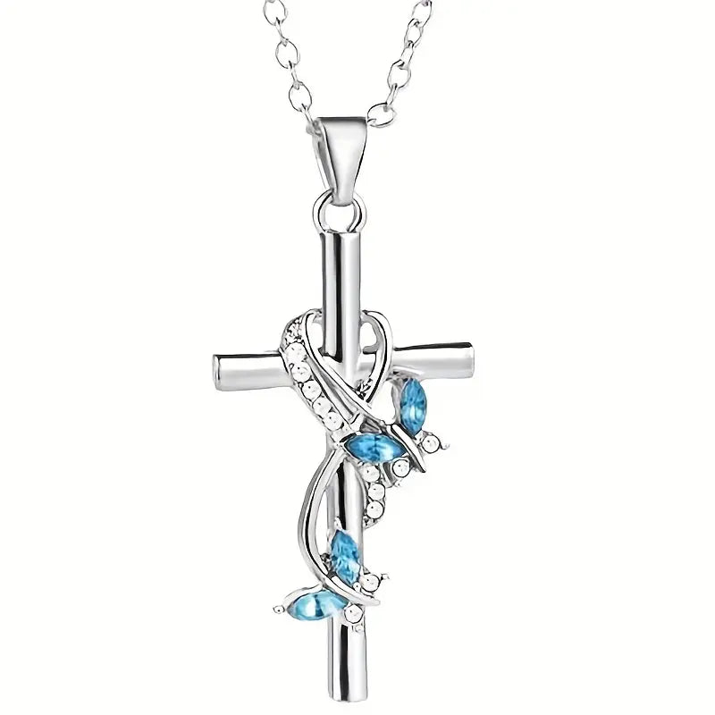 Blue Butterfly Wrapped Cross Necklace