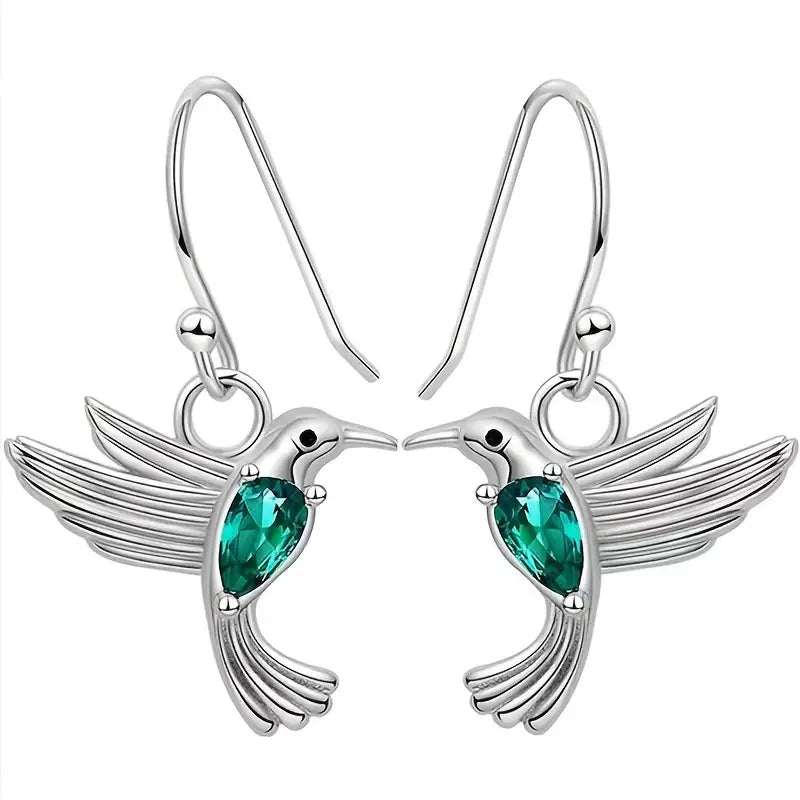 Silver Hummingbird Earrings with Emerald Rhinestone