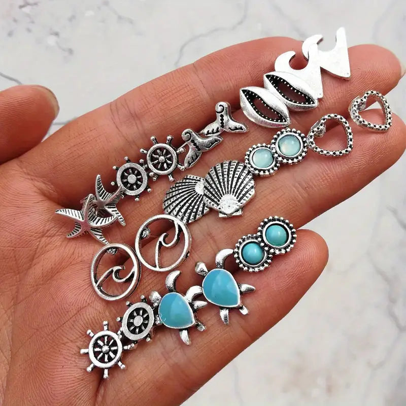 12 Pair Set Sea Themed Earrings