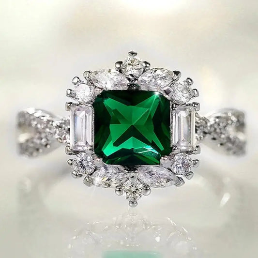 Emerald Colored Rhinestone Princess Cut Ring