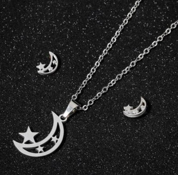 Silver Moon & Star Stainless Steel Necklace