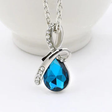 Silver Blue Teardrop Gemstone with Rhinestones Necklace