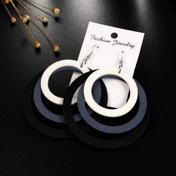 White Gray Black Wooden Round Earrings