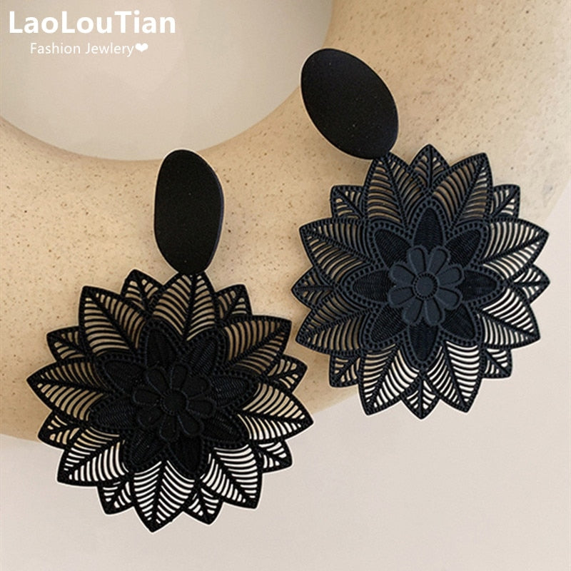 Open Leaf and Flower Dangle Earrings