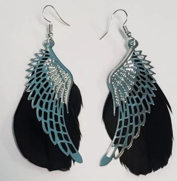 Large Silver Wing with Black Feather Earrings