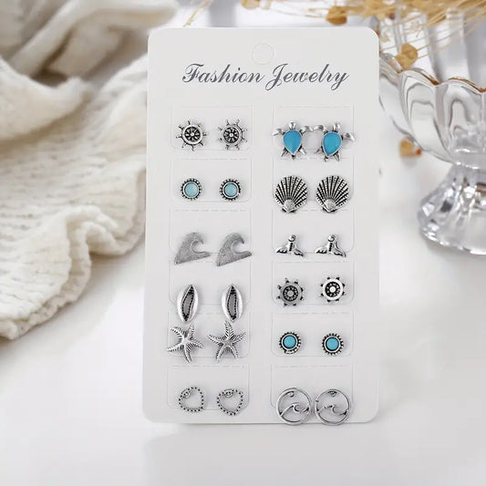 12 Pair Set Sea Themed Earrings