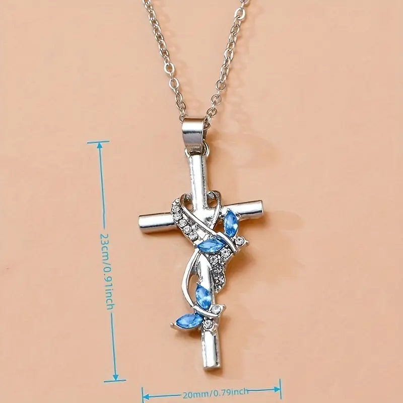 Blue Butterfly Wrapped Cross Necklace