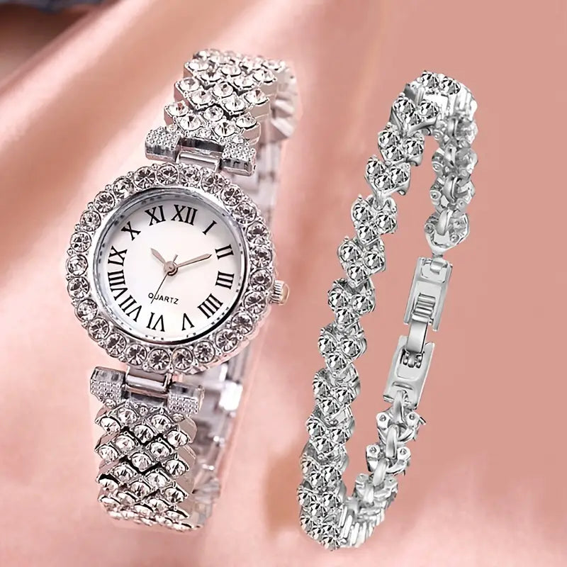 2-pc Quartz Watch and Rhinestone Bracelet Set