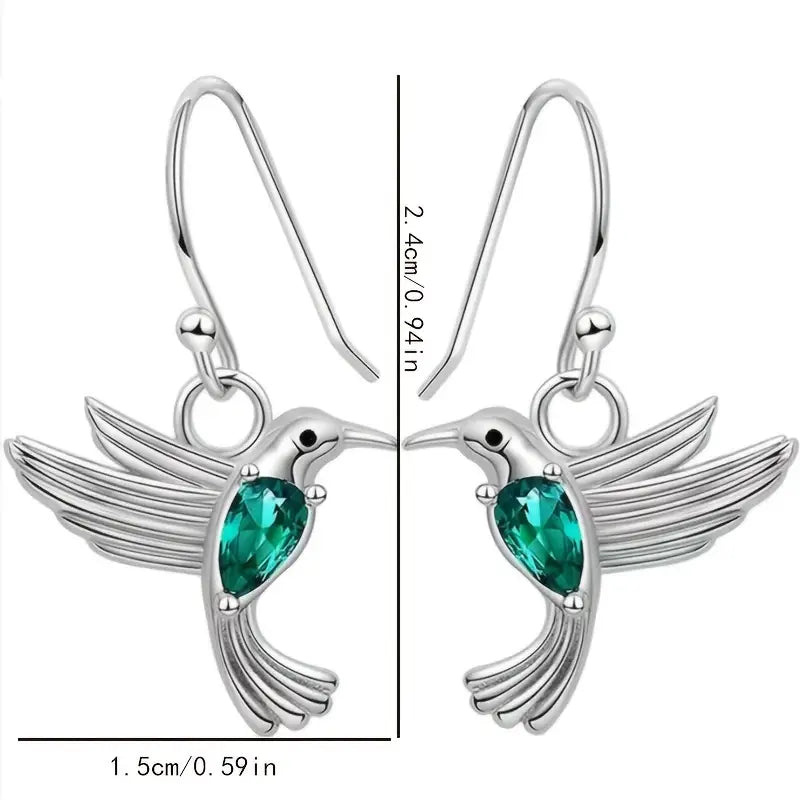 Silver Hummingbird Earrings with Emerald Rhinestone