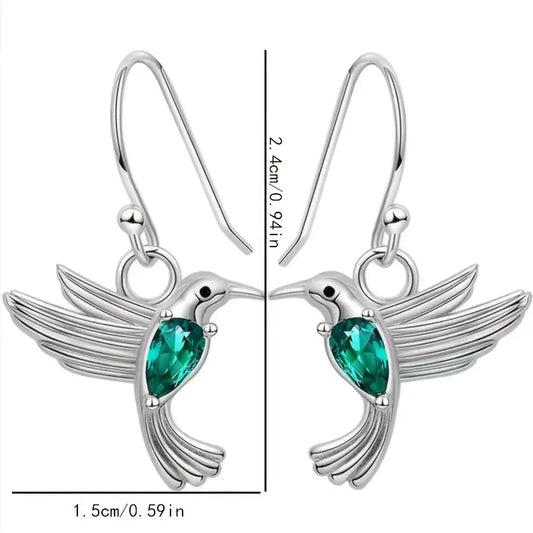 Silver Hummingbird Earrings with Emerald Rhinestone