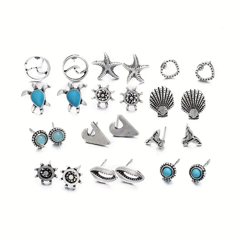 12 Pair Set Sea Themed Earrings