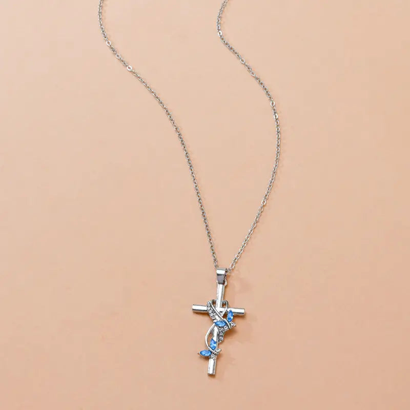 Blue Butterfly Wrapped Cross Necklace