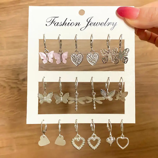 9 Pairs Butterflies and Heart Earring Sets