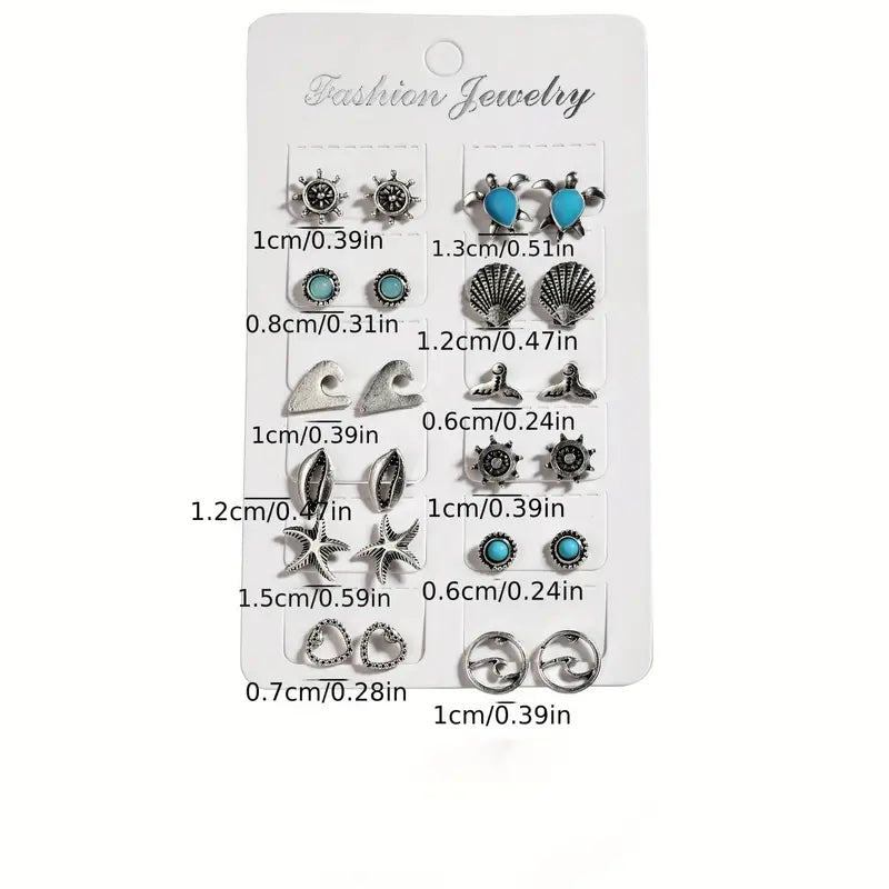 12 Pair Set Sea Themed Earrings