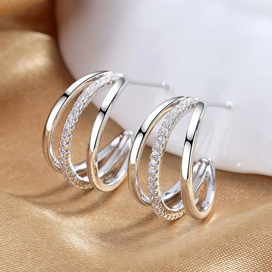 Triple Hoops Silver Rhinestone Earrings