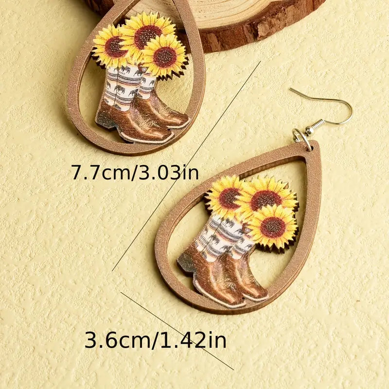 Western Cowboy Boots Sunflower Earrings Wooden Earrings