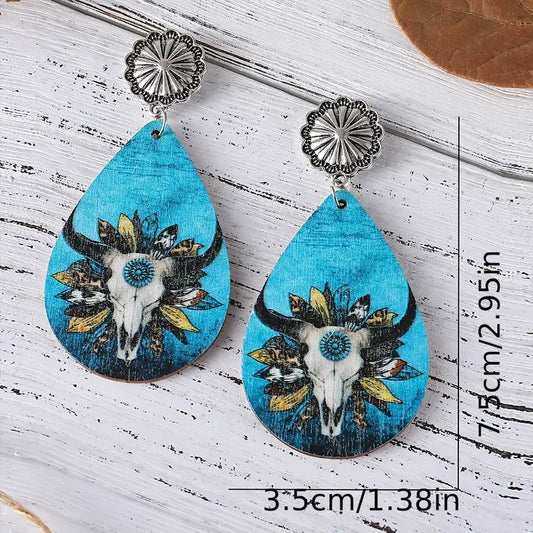 Western Style Retro Bull Head Leather Earrings