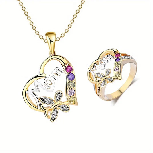 Gold MOM Jewelry Set with Multi-Color Rhinestone